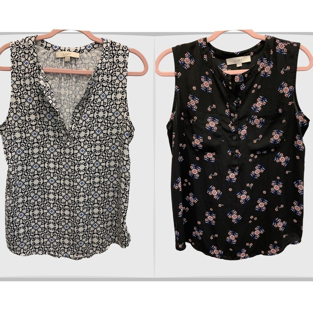 LOFT Sleeveless Blouse Lot Womens S Black Floral Geometric Rayon Work Tops 2pc